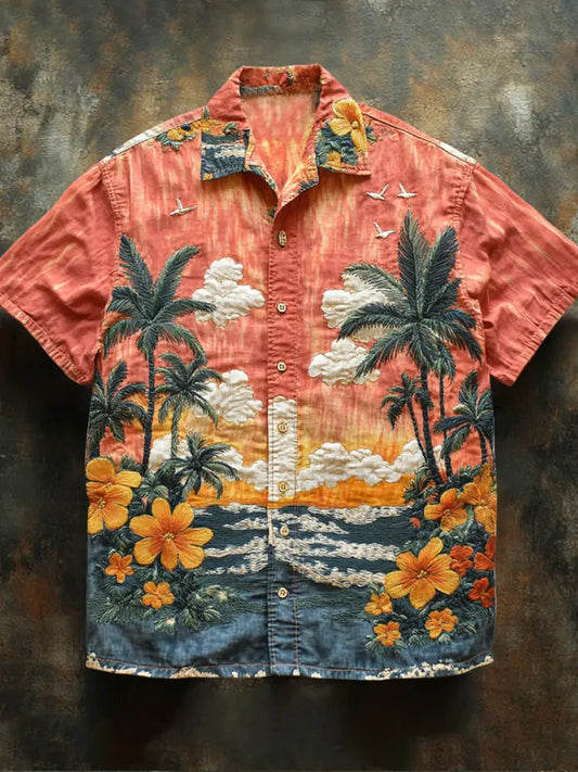 Retro Hawaii Tropical Floral Pattern Printed Vintage V-Neck Button Short Sleeves Shirt A / S