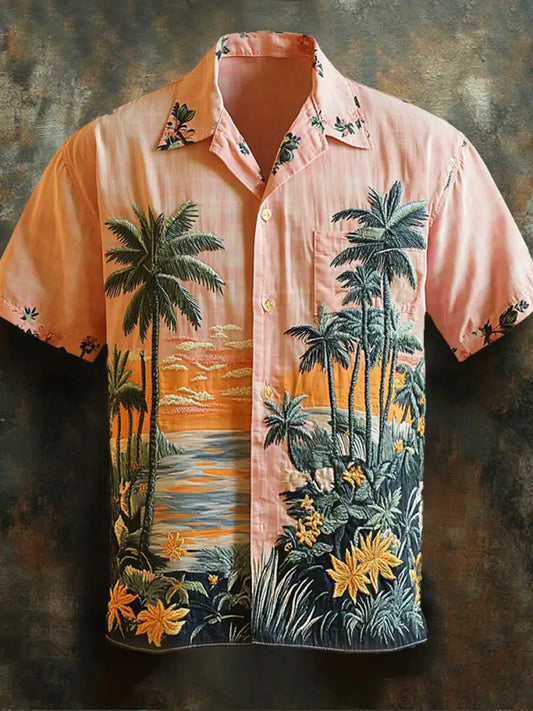 Retro Hawaii Tropical Floral Pattern Printed Vintage V-Neck Button Short Sleeves Shirt A / S