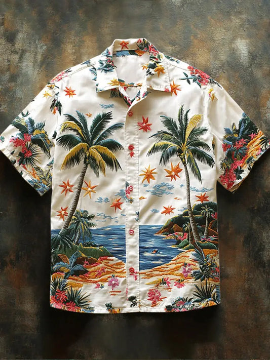 Retro Hawaii Tropical Floral Pattern Printed Vintage V-Neck Button Short Sleeves Shirt A / S