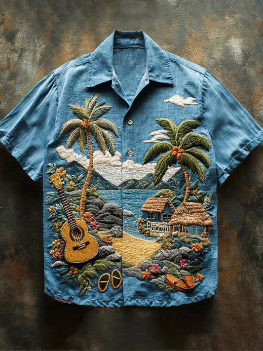 Retro Hawaii Tropical Floral Pattern Printed Vintage V-Neck Button Short Sleeves Shirt A / S