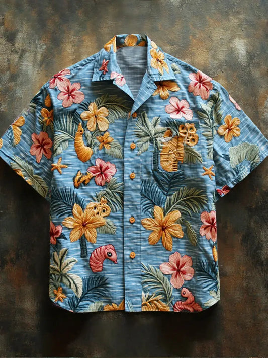 Retro Hawaii Tropical Floral Pattern Printed Vintage V-Neck Button Short Sleeves Shirt A / S