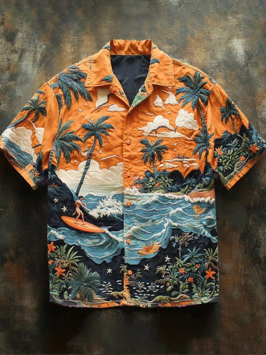 Retro Hawaii Tropical Floral Pattern Printed Vintage V-Neck Button Short Sleeves Shirt A / S