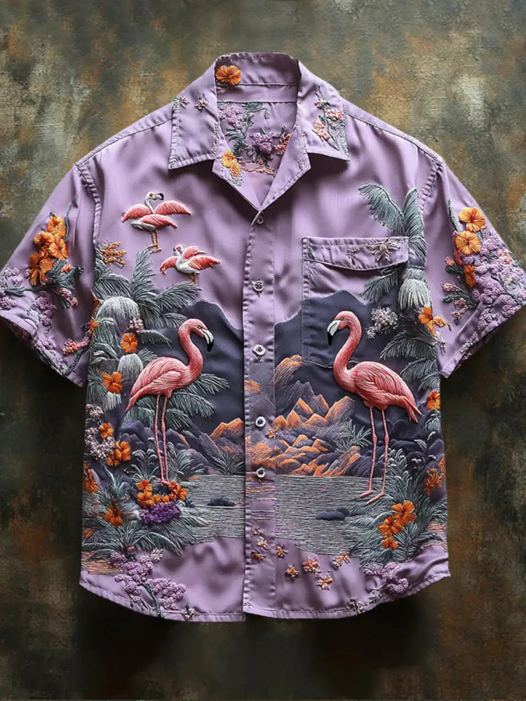 Retro Hawaii Tropical Floral Pattern Printed Vintage V-Neck Button Short Sleeves Shirt A / S