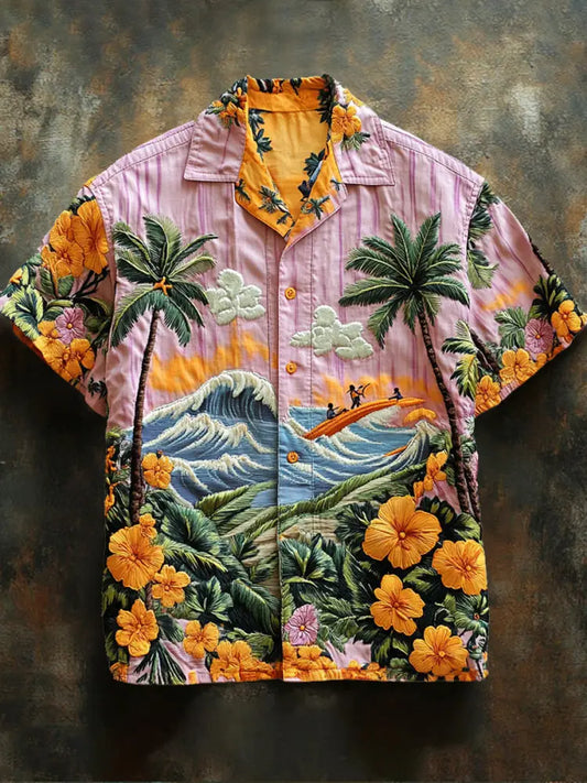 Retro Hawaii Tropical Floral Pattern Printed Vintage V-Neck Button Short Sleeves Shirt A / S