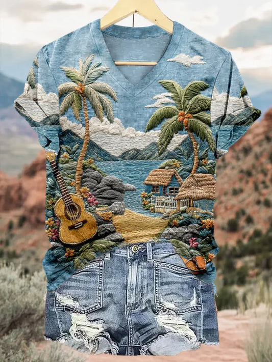 Retro Hawaii Tropical Floral Pattern Printed Vintage V-Neck Short Sleeves Shirt A / S