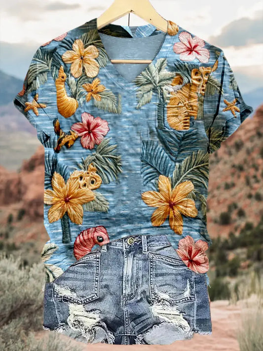 Retro Hawaii Tropical Floral Pattern Printed Vintage V-Neck Short Sleeves Shirt A / S