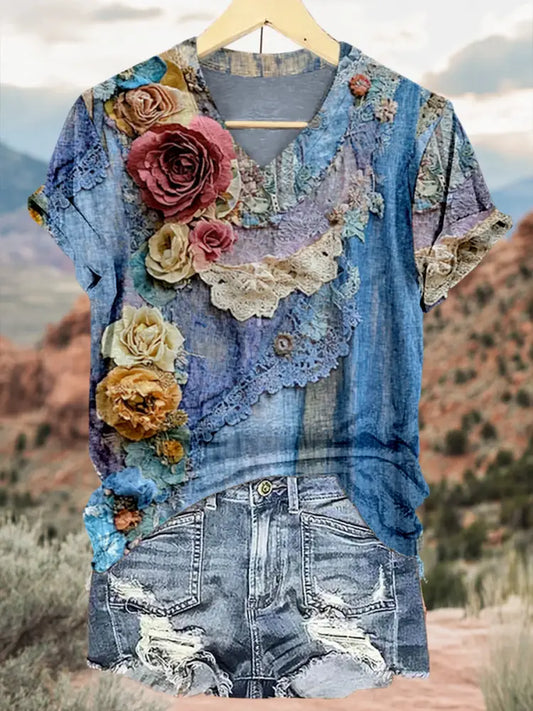 Retro Hawaii Tropical Floral Pattern Printed Vintage V-Neck Short Sleeves Shirt A / S