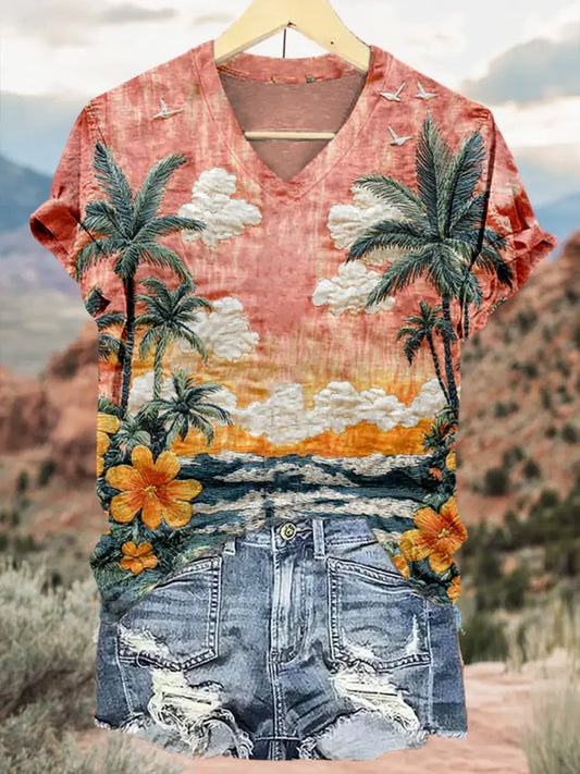 Retro Hawaii Tropical Floral Pattern Printed Vintage V-Neck Short Sleeves Shirt A / S