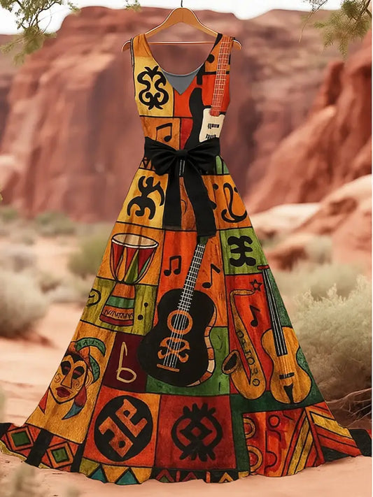 Retro International Indigenous People’s DayPrint Vintage Chic V-Neck Button Up Long Sleeve Midi Dress A / S