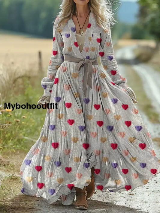 Retro Love Heart Print Vintage Chic Waist Strap V-Neck Cotton Long Sleeve Midi Dress A / S