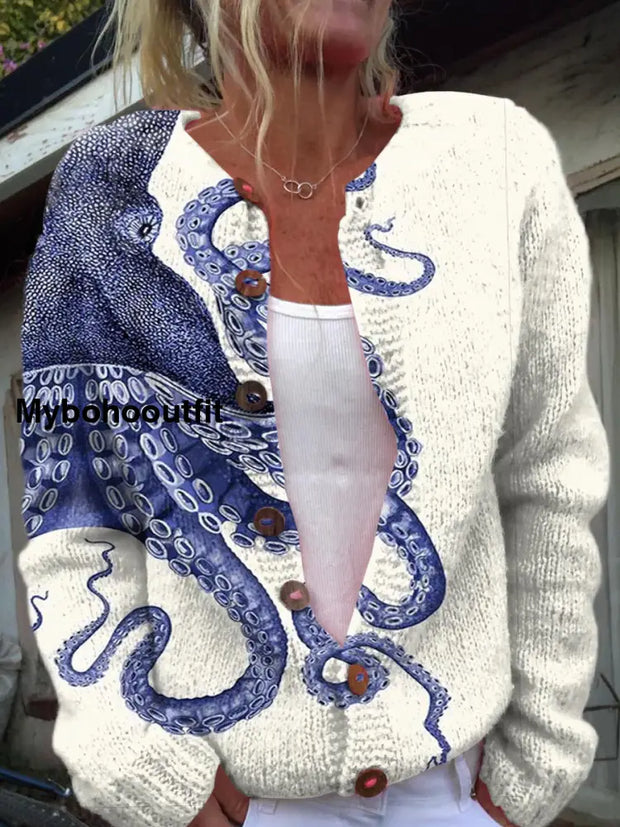 Retro Octopus Art Floral Print Button Cardigan A / S