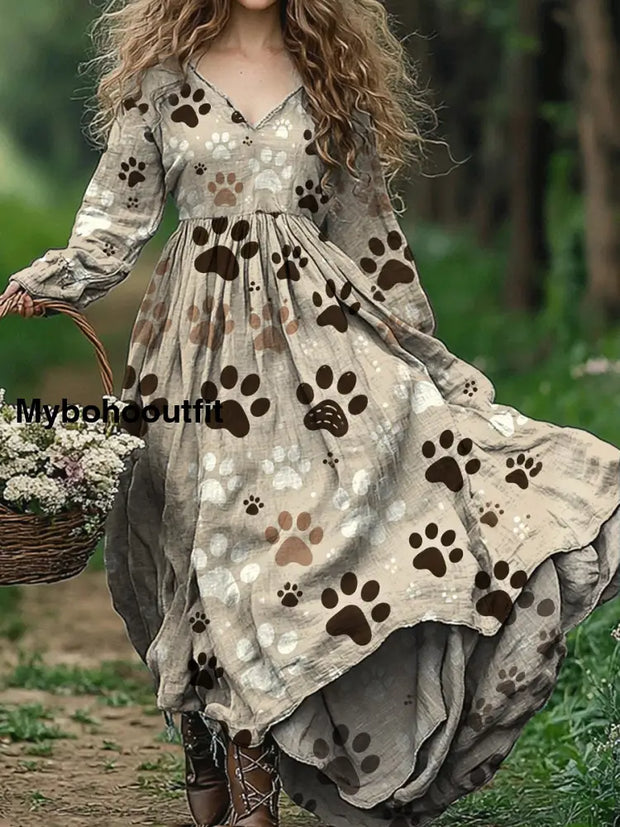 Retro Paw Print Art V-Neck Elegant Chic Loose Long Sleeve Midi Dress A / S