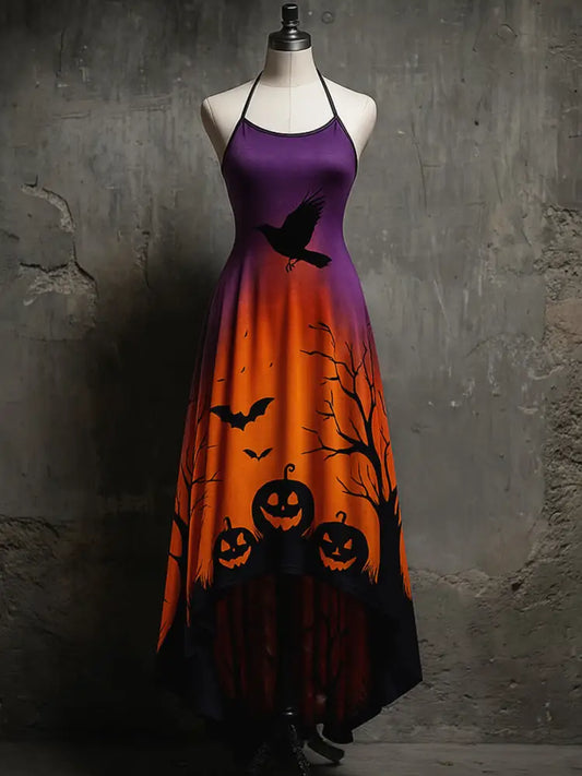 Retro Pumpkin Crow Art Printed Vintage Comfortable Elasticity Strappy Irregular Midi Dress A / S