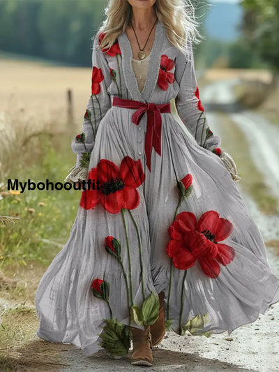 Retro Red Floral Art Print Vintage Chic Strap V-Neck Cotton Long Sleeve Midi Dress A / S