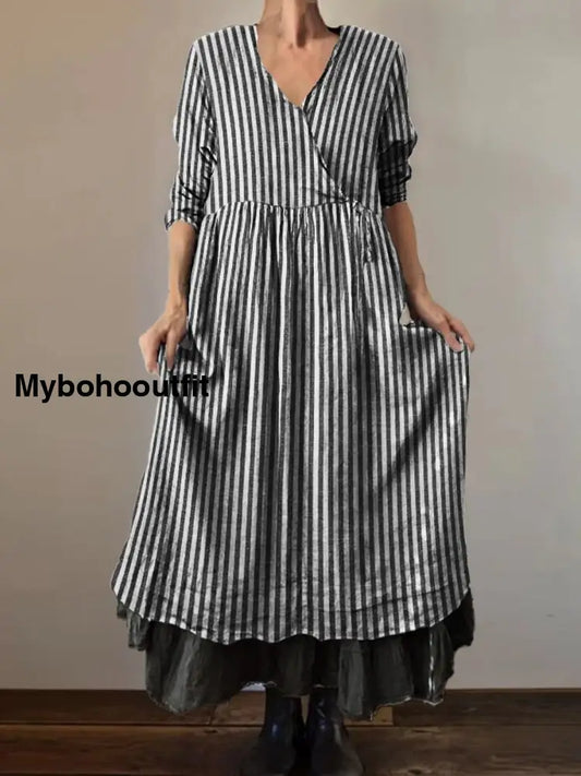 Retro Simple Fringe Print Vintage V-Neck Double Hemline Cotton Long Sleeve Midi Dress A / S