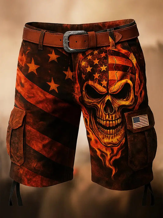 Retro Skull Art Printed Texture Drawstring Pocket Casual Cargo Shorts A / M