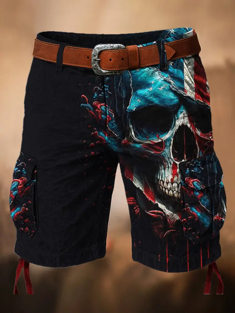Retro Skull Art Printed Texture Drawstring Pocket Casual Cargo Shorts A / M
