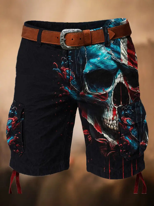 Retro Skull Art Printed Texture Drawstring Pocket Casual Cargo Shorts A / M