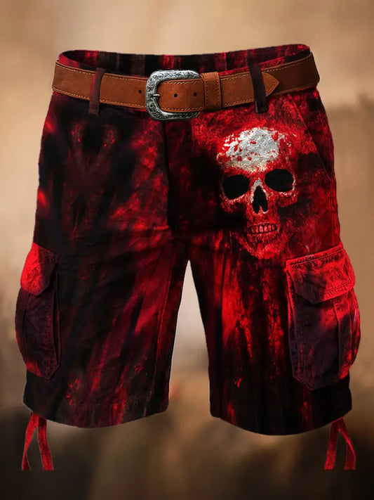 Retro Skull Art Printed Texture Drawstring Pocket Casual Cargo Shorts A / M