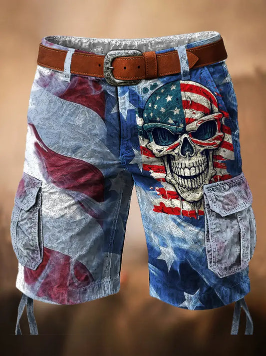 Retro Skull Art Printed Texture Drawstring Pocket Casual Cargo Shorts A / M