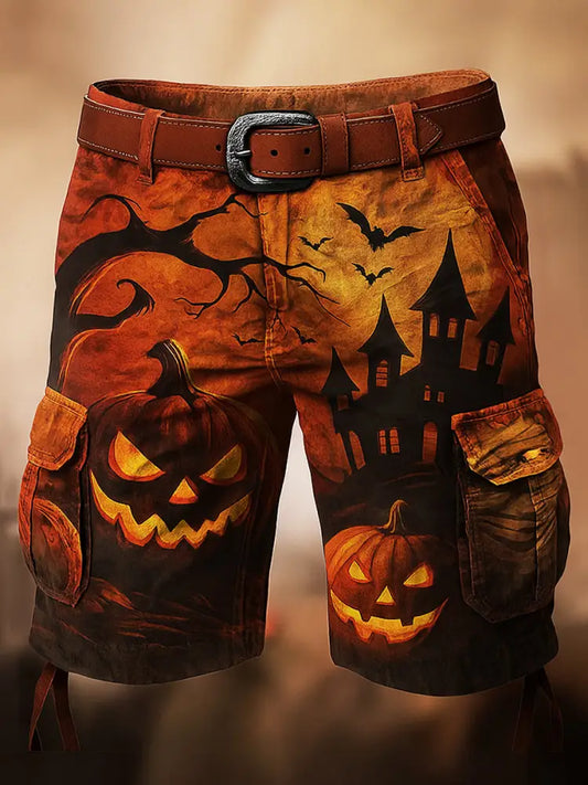 Retro Skull Art Printed Texture Drawstring Pocket Casual Cargo Shorts A / M