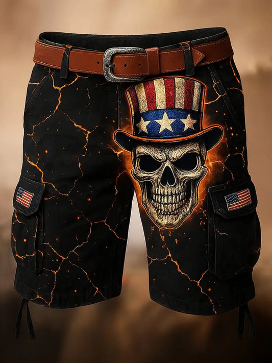 Retro Skull Art Printed Texture Drawstring Pocket Casual Cargo Shorts A / M