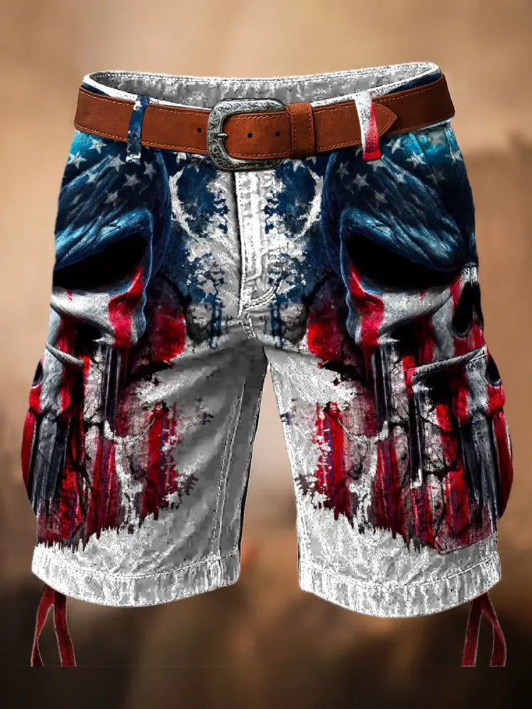 Retro Skull Art Printed Texture Drawstring Pocket Casual Cargo Shorts A / M