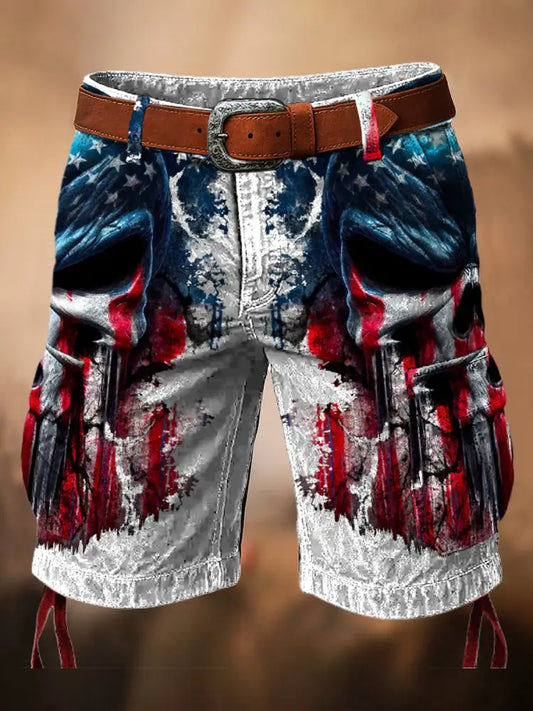 Retro Skull Art Printed Texture Drawstring Pocket Casual Cargo Shorts A / M