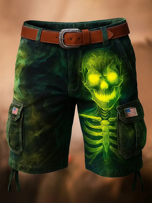 Retro Skull Art Printed Texture Drawstring Pocket Casual Cargo Shorts A / M