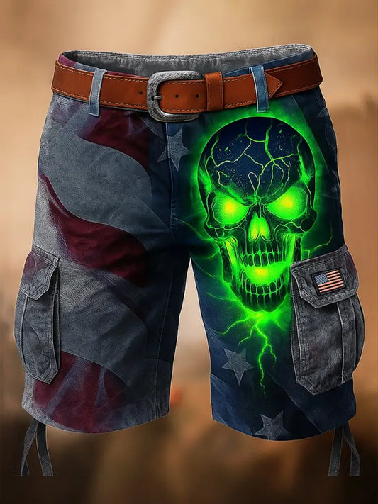 Retro Skull Art Printed Texture Drawstring Pocket Casual Cargo Shorts A / M