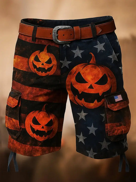 Retro Skull Art Printed Texture Drawstring Pocket Casual Cargo Shorts A / S