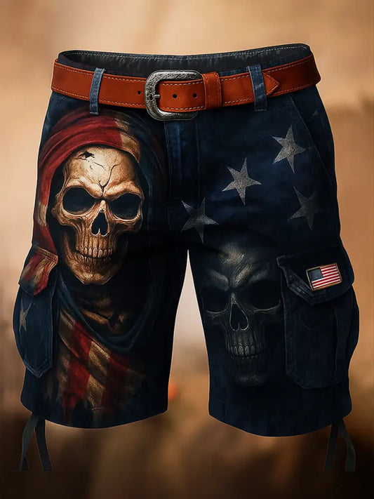 Retro Skull Art Printed Texture Drawstring Pocket Casual Cargo Shorts A / S