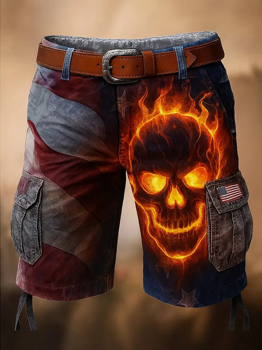 Retro Skull Art Printed Texture Drawstring Pocket Casual Cargo Shorts A / S