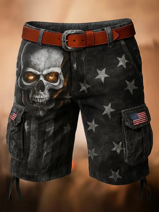 Retro Skull Art Printed Texture Drawstring Pocket Casual Cargo Shorts A / S