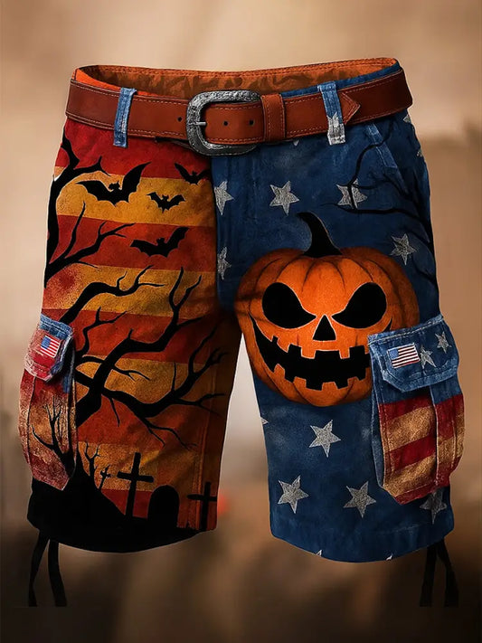 Retro Skull Art Printed Texture Drawstring Pocket Casual Cargo Shorts A / S