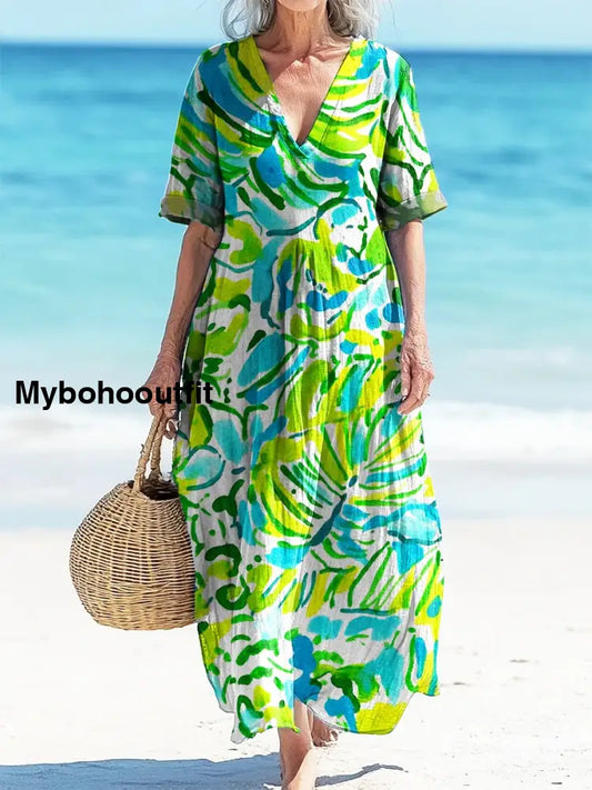 Retro Spring Boho Floral Print Vintage Chic V-Neck Button Up Long Sleeve Midi Dress A / S