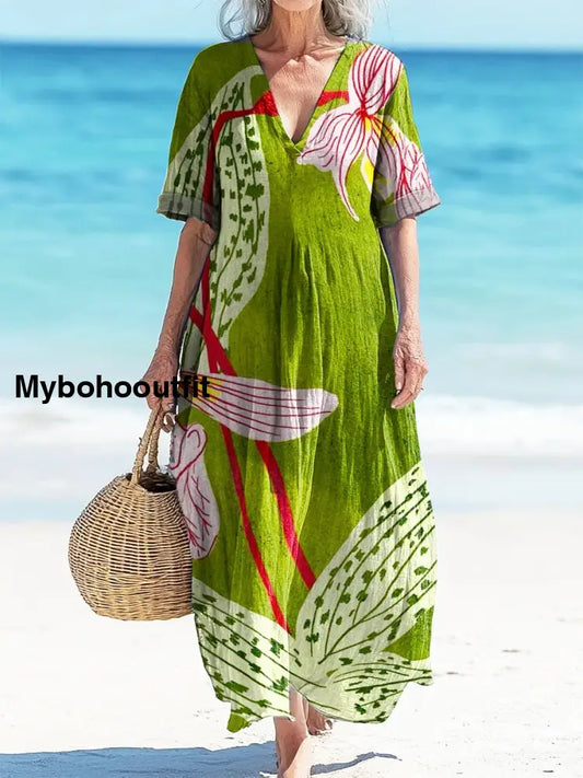 Retro Spring Boho Floral Print Vintage Chic V-Neck Button Up Long Sleeve Midi Dress A / S