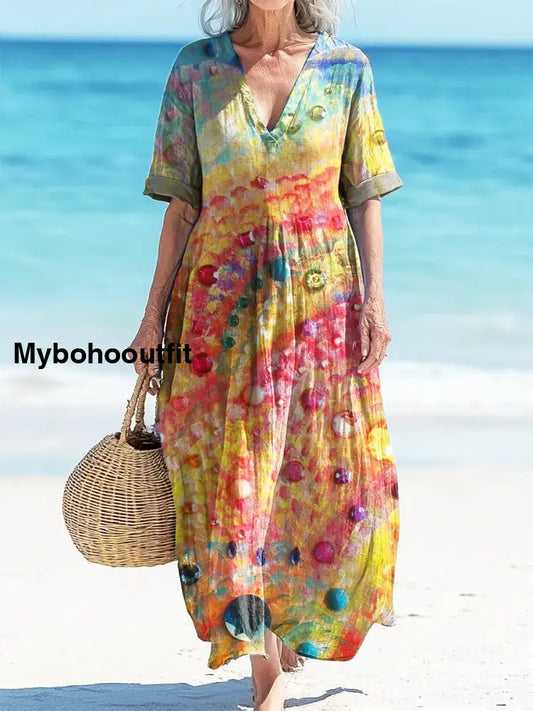 Retro Spring Boho Floral Print Vintage Chic V-Neck Button Up Long Sleeve Midi Dress A / S