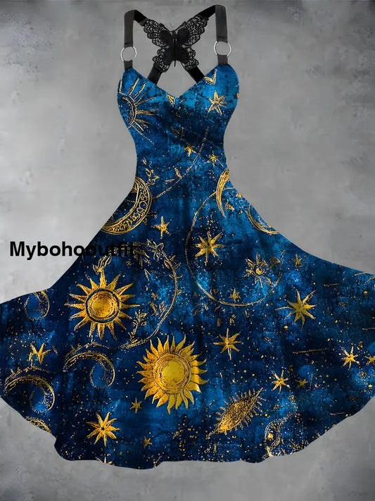 Retro Star and Moon Print V-Neck Loose Short Sleeve Midi Dress A / S
