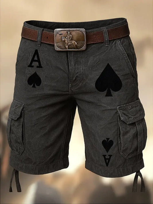 Retro Texas Hold ’em Printed Texture Drawstring Pocket Casual Cargo Shorts A / M