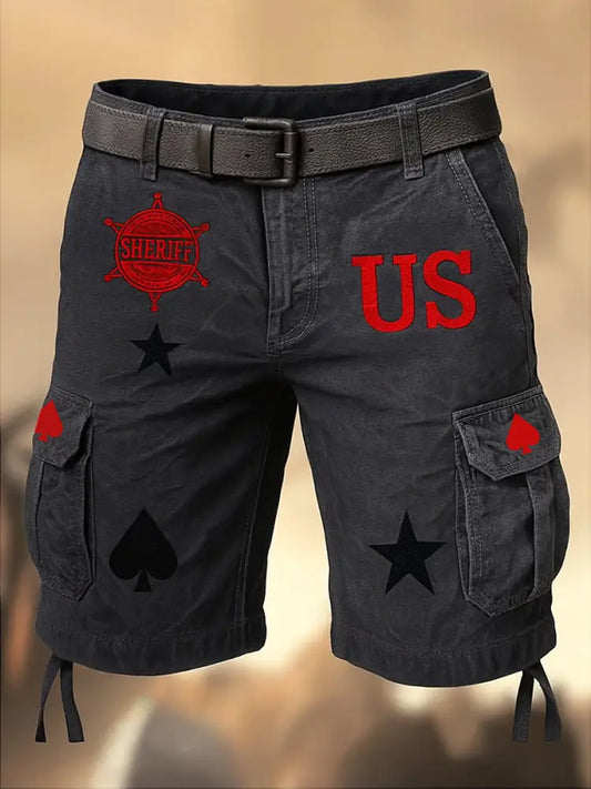 Retro Texas Hold ’em Printed Texture Drawstring Pocket Casual Cargo Shorts A / S
