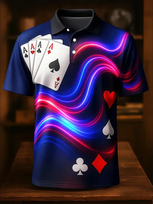 Retro Texas Hold’em Poker Graphic Printed Athletic Retro Style V-Neck Short Sleeves Polo-Shirt A / S