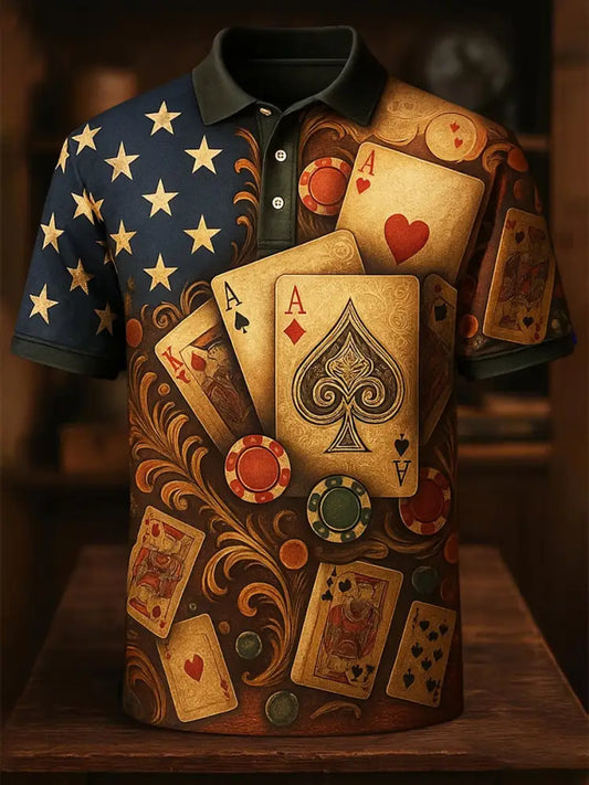 Retro Texas Hold’em Poker Graphic Printed Athletic Retro Style V-Neck Short Sleeves Polo-Shirt A / S