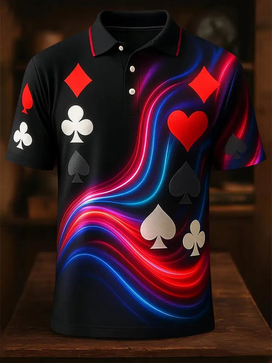 Retro Texas Hold’em Poker Graphic Printed Athletic Retro Style V-Neck Short Sleeves Polo-Shirt A / S