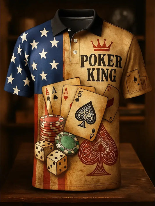 Retro Texas Hold’em Poker Graphic Printed Athletic Retro Style V-Neck Short Sleeves Polo-Shirt A / S