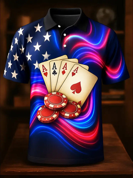 Retro Texas Hold’em Poker Graphic Printed Athletic Retro Style V-Neck Short Sleeves Polo-Shirt A / S