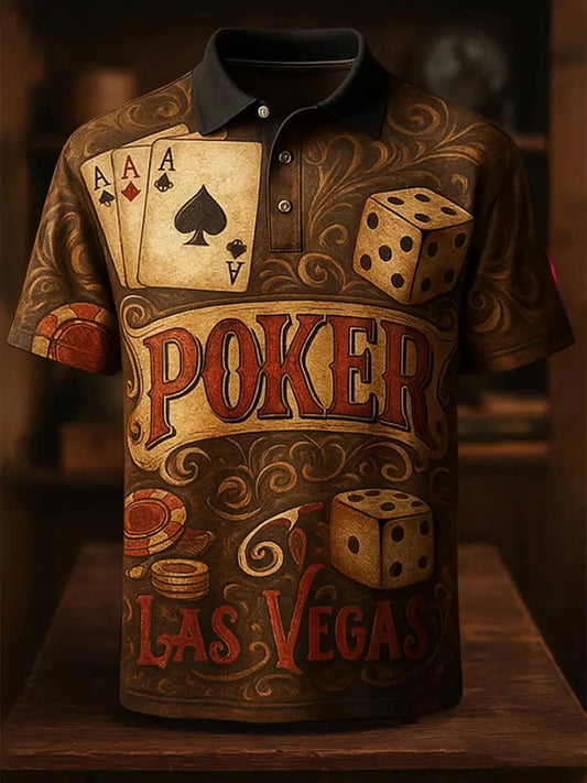 Retro Texas Hold’em Poker Graphic Printed Athletic Retro Style V-Neck Short Sleeves Polo-Shirt A / S