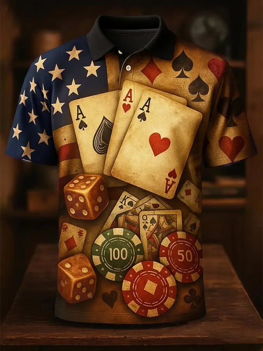 Retro Texas Hold’em Poker Graphic Printed Athletic Retro Style V-Neck Short Sleeves Polo-Shirt A / S