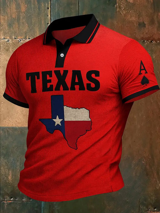 Retro Texas Hold’em Poker Map Printed Waffle Texture Athletic V-Neck Short Sleeves Polo Shirt A / S