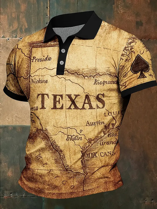 Retro Texas Hold’em Poker Map Printed Waffle Texture Athletic V-Neck Short Sleeves Polo Shirt A / S